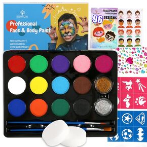 Bowitzki Face Paint Kit,Water Based Non Toxic Face Paint Palette with 24 Colors,16 Glitters, 32 Stencils & 10pcs Brushes, Professional Body Face Paint Makeup For Party,Halloween,Carnival,Festival
