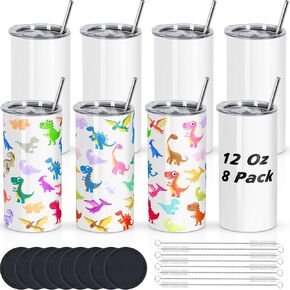 12 Oz Sublimation Tumblers Blanks Bulk, Sublimation Cups for Kid with Straw and Brush, Stainless Steel Double Wall Insulated Sublimation Mugs, Individually Boxed (8 Pack)