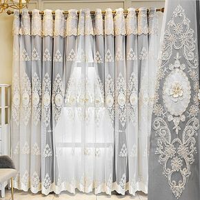 Amidoudou 1 Pair European Double Layer Curtains with Valance for Living Room Bedroom Luxury 3D Flower Embroidered Curtains (Grey,51x84 Inch)
