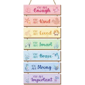 7 Pcs Ocean Decor Kids Room Decor Hanging Plaque Sign, Watercolor Ocean Inspirational Positive Quotes Wall Art Decor for Teens Children Bedroom Princess Dorm Toddler Room Nursery