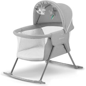 Kinderkraft LOVI 2 Travel Bassinet for Baby in Beige, Portable Folding Baby Bed with Built-in Mosquito net, Adjustable Hood and an Additional Cradle Function