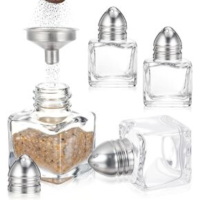 Thinp 4 Pcs Mini Salt and Pepper Shakers 0.5 Oz Mini Salt Shaker Gold Salt and Pepper Shakers Bulk with Funnel Small Cube Glass Spice Shaker Container for Kitchen Restaurant Travel Camp Party