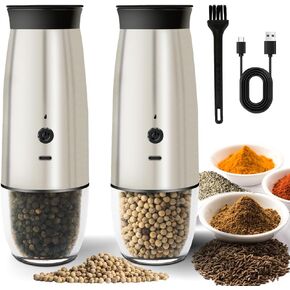 2 pack, stainless steel electric salt and pepper grinder set, USB rechargeable, with LED light, adjustable roughness, large capacity salt and pepper grinder, suitable for kitchen, restaurant, outdoor