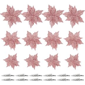 Gadpiparty 12 Pieces Christmas Glitter Poinsettia Artificial Flowers Decorations with Stem and Clips 10 Inches Christmas Wedding Xmas Tree New Year Flowers Ornaments (Silver)