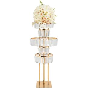 5 Tier Wedding Flower Vase Table Top Metal Stand w/Hanging Crystal Pendants, Gold Floor Vases Wedding Centerpiece Stand Display Road Lead for Lawn Hotel Opening Banquet Hall Decor