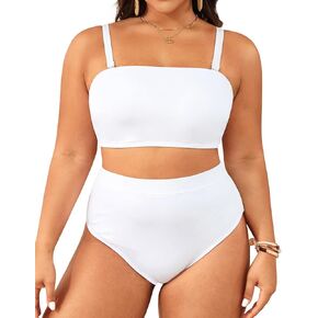 Holipick Women Plus Size Two Piece Bikini High Waisted Swimsuit Bandeau Strapless Bathing Suit Swimwear White