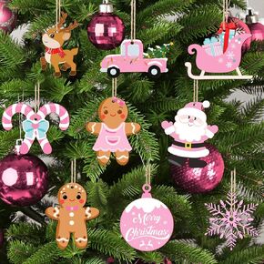 Whaline 27Pcs Christmas Gingerbread Man Wooden Hanging Ornaments Pink Gingerbread Man Santa Reindeer Cutouts with Hemp Rope Xmas Cartoon Wooden Craft Slices for Winter Party Home Xmas Tree Decoration