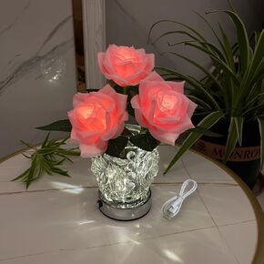 Rose Flowers Lamp LED Artificial Flowers Table Lamp Night Light with Crystal Clear Glass Vase for Home Office Decor - Rechargeable (Pink)