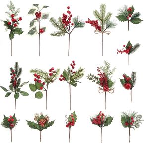 CCINEE Artificial Christmas Red Berry Picks 16 Pack Assorted Pine Berries Branches Fake Holly Stems for Xmas Tree Decoration Crafts Garland Wreath Décor