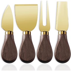 4-Piece Set of Stainless Steel Cheese Knives with Wood Hand, Including Cheese Slicer and Cheese Cutters, Essential Cheese Tools for the Kitchen (Oak handle, Silver)
