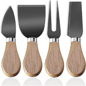 4-Piece Set of Stainless Steel Cheese Knives with Wood Hand, Including Cheese Slicer and Cheese Cutters, Essential Cheese Tools for the Kitchen (Oak handle, Silver)