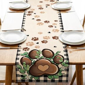 Cat Dog Paw Prints Table Runner, Buffalo Plaid Check Farmhouse Kitchen Dining Table Decoration Pet Lover Gifts, Eucalyptus Leaves Burlap Indoor Outdoor Home Decor Party Supply 13 x 72 Inches