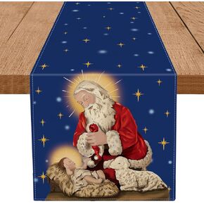Jesus Christmas Decorations Table Runner Holy Night Nativity Santa Religious Navy Blue Kitchen Dining Table Decoration for Home Winter Xmas Holiday Indoor Decor 13x108 Inch