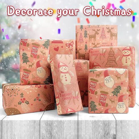 Kids Christmas Wrapping Paper Sheets,Children Christmas Gift Wrapping Paper Christmas Gift Wrap Set with Sticker Ribbon,XMAS Gift Wrap Christmas Rapping Paper with Red Green Deer Tree Santa Design,XMAS Wrapping Paper for Present Wrapping Paper,Christmas P in Kuwait