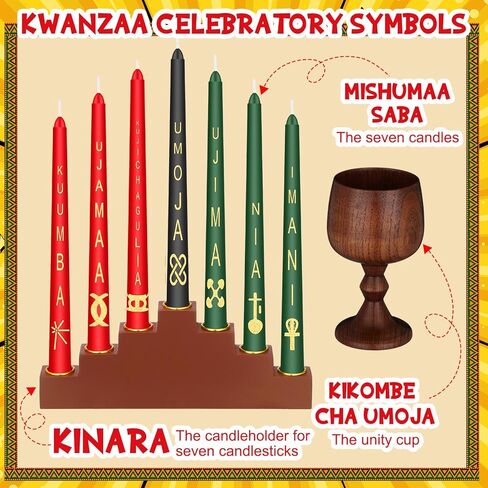 مجموعة كوانزا كينارا، 7 قطع شموع مستدقة بمبادئ كوانزا مع حامل شموع كينارا، كوب وحدة خشبي عناب مصنوع يدويًا، للاحتفال بمهرجان كوانزا، ديكور حفل الكنيسة in Kuwait