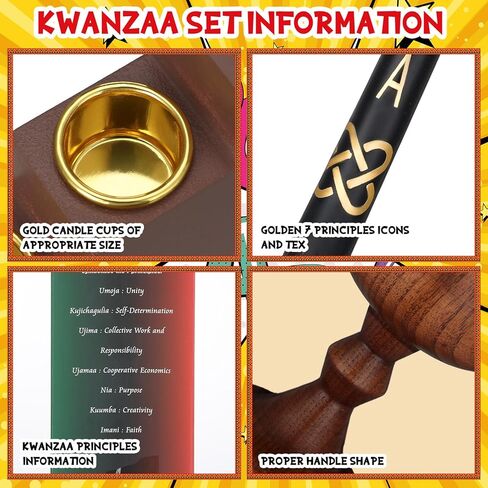 مجموعة كوانزا كينارا، 7 قطع شموع مستدقة بمبادئ كوانزا مع حامل شموع كينارا، كوب وحدة خشبي عناب مصنوع يدويًا، للاحتفال بمهرجان كوانزا، ديكور حفل الكنيسة in Kuwait