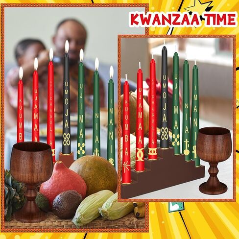 مجموعة كوانزا كينارا، 7 قطع شموع مستدقة بمبادئ كوانزا مع حامل شموع كينارا، كوب وحدة خشبي عناب مصنوع يدويًا، للاحتفال بمهرجان كوانزا، ديكور حفل الكنيسة in Kuwait