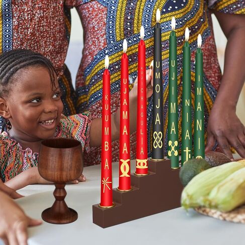 مجموعة كوانزا كينارا، 7 قطع شموع مستدقة بمبادئ كوانزا مع حامل شموع كينارا، كوب وحدة خشبي عناب مصنوع يدويًا، للاحتفال بمهرجان كوانزا، ديكور حفل الكنيسة in Kuwait