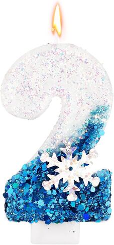 Snowflake Sequin Birthday Number Candles, Birthday Party Decoration Supplies Glitter Blue White Number Birthday Candle (Number 2) in Saudi Arabia