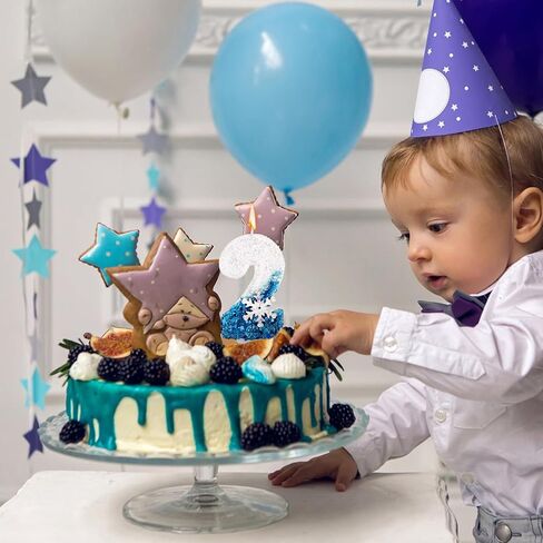 Snowflake Sequin Birthday Number Candles, Birthday Party Decoration Supplies Glitter Blue White Number Birthday Candle (Number 2) in Saudi Arabia