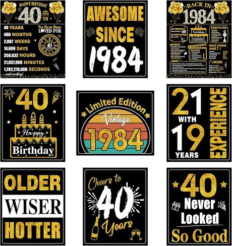 40th Birthday Decorations for Men Women, 9pcs Black Gold Happy 1984 40 Birthday Banner Signs for Walls Doors Windows Yard Garden Party Supplies, Forty Birthday Table Toppers Photo Props Decor in Kuwait