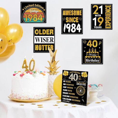 40th Birthday Decorations for Men Women, 9pcs Black Gold Happy 1984 40 Birthday Banner Signs for Walls Doors Windows Yard Garden Party Supplies, Forty Birthday Table Toppers Photo Props Decor in Kuwait