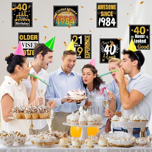 40th Birthday Decorations for Men Women, 9pcs Black Gold Happy 1984 40 Birthday Banner Signs for Walls Doors Windows Yard Garden Party Supplies, Forty Birthday Table Toppers Photo Props Decor in Kuwait