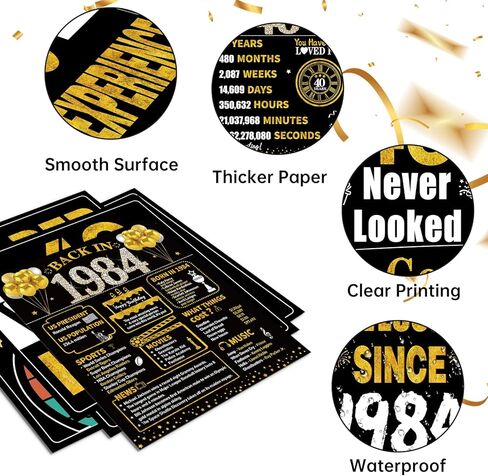40th Birthday Decorations for Men Women, 9pcs Black Gold Happy 1984 40 Birthday Banner Signs for Walls Doors Windows Yard Garden Party Supplies, Forty Birthday Table Toppers Photo Props Decor in Kuwait