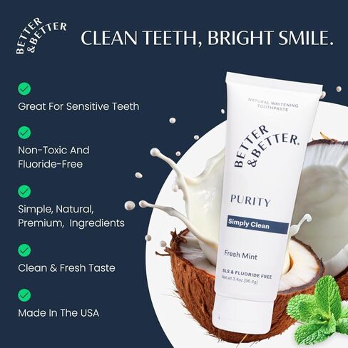 Better & Better Purity Toothpaste | Fluoride Free, SLS Free Toothpaste for Sensitive Brushers | 1 CT Mini Tube | Fresh Breath with Organic Mints | Natural, Vegan, Whitening Toothpaste to Remove Plaque in Kuwait