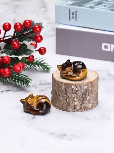 CrystalTears Tiger Eye Healing Crystal Cat Figurine Carved Crystal Gemstone Sleeping Cat Statue Lucky Cute Stone Cat for Home Office Desk Meditation Decor Cat Gifts for Women Men Christmas in Saudi Arabia