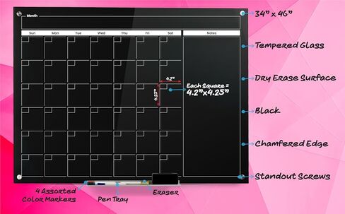 Real Glass Dry Erase Monthly Calendar, Giant Size 34" x 46", Bright White Tempered Glass Surface, Frameless Wall Mount, with 4 Assorted Color Markers and Eraser, by Better Office Products in Saudi Arabia
