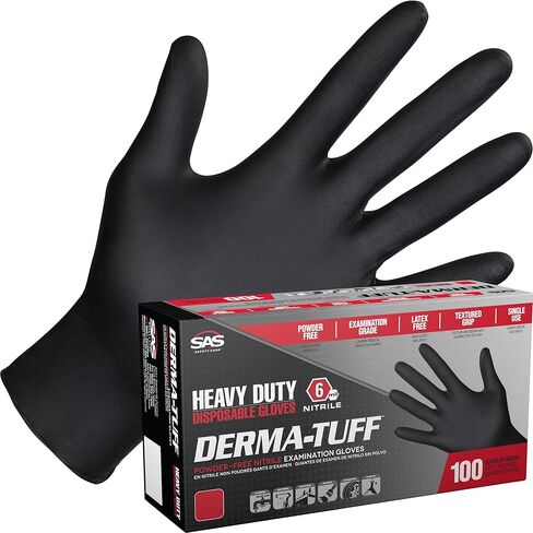 Derma-Tuff Powder Free Nitrile Disposable Gloves | 6 Mil - Sm 100 Ct | Latex Free, Chemical + Puncture Resistant, Fully Textured Grip, Beaded Cuff, for Automotive, Maintenance, Industrial | 66586 in Kuwait