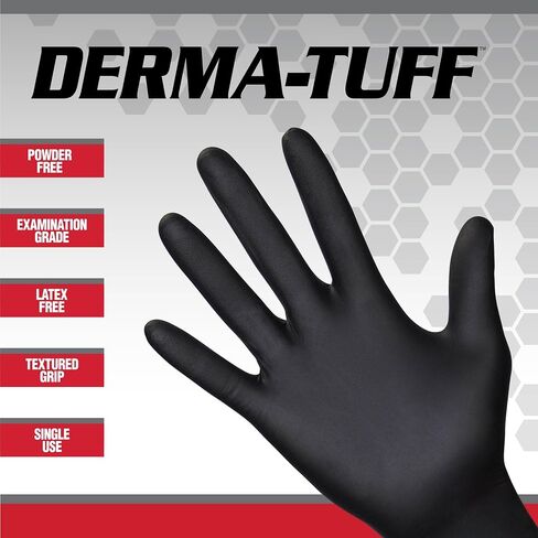 Derma-Tuff Powder Free Nitrile Disposable Gloves | 6 Mil - Sm 100 Ct | Latex Free, Chemical + Puncture Resistant, Fully Textured Grip, Beaded Cuff, for Automotive, Maintenance, Industrial | 66586 in Kuwait