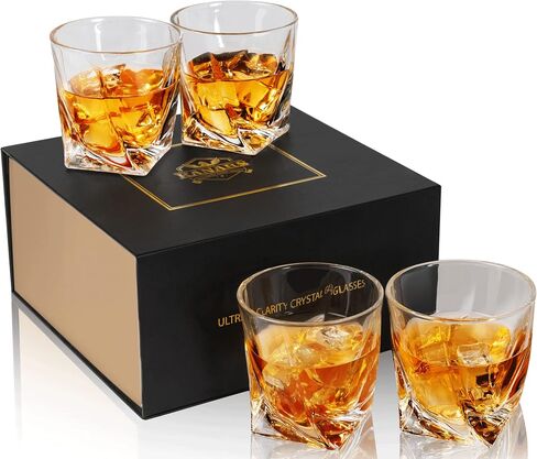 KANARS Whiskey Glasses Set of 4, 10 Oz Crystal Old Fashioned Cocktail Glass in Gift Box, Twisted Lowball Bourbon Tumbler for Scotch Whisky Cognac, Rock Barware for Men Gift in Saudi Arabia