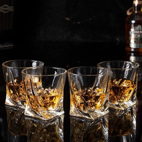 KANARS Whiskey Glasses Set of 4, 10 Oz Crystal Old Fashioned Cocktail Glass in Gift Box, Twisted Lowball Bourbon Tumbler for Scotch Whisky Cognac, Rock Barware for Men Gift in Saudi Arabia