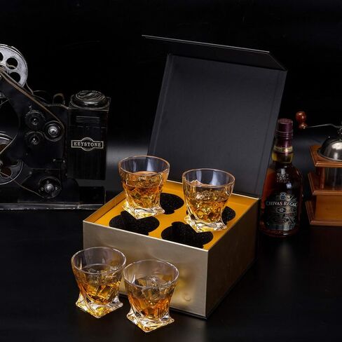 KANARS Whiskey Glasses Set of 4, 10 Oz Crystal Old Fashioned Cocktail Glass in Gift Box, Twisted Lowball Bourbon Tumbler for Scotch Whisky Cognac, Rock Barware for Men Gift in Saudi Arabia