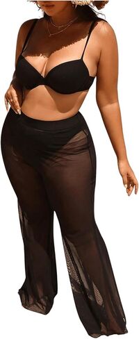 Women's Plus Size Beach Pants Sheer Mesh Swimsuit Coverup High Waisted Bikini Cover Up Bottoms in Saudi Arabia