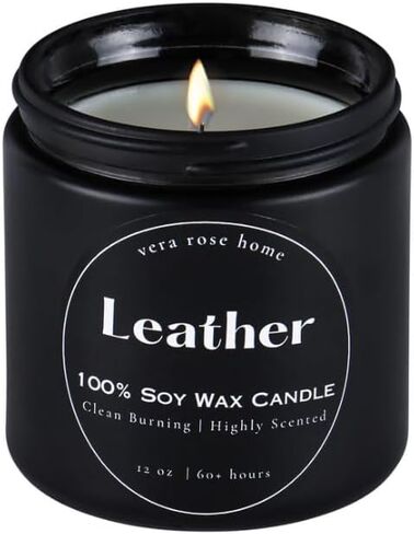 شموع معطرة للرجال | شموع جلدية معطرة | شموع الصويا المعطرة للمنزل | هدية شمعة للرجال | شمعة الفانيليا في جرة شمعة سوداء | شموع معطرة للرجال للمنزل، غير سامة، 12 أونصة، أكثر من 60 ساعة in Saudi Arabia