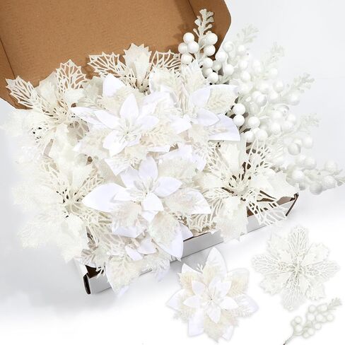 22 Pcs Champagne Christmas Poinsettia Artificial Flowers and Glitter Berries Stems Kit, Christmas Poinsettias Decorations and Christmas Tree Ornaments for Xmas Home Wedding Holiday Tree Decor in Saudi Arabia