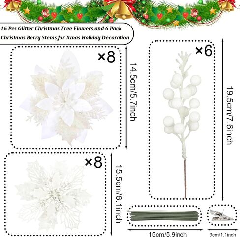 22 Pcs Champagne Christmas Poinsettia Artificial Flowers and Glitter Berries Stems Kit, Christmas Poinsettias Decorations and Christmas Tree Ornaments for Xmas Home Wedding Holiday Tree Decor in Saudi Arabia