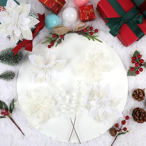 22 Pcs Champagne Christmas Poinsettia Artificial Flowers and Glitter Berries Stems Kit, Christmas Poinsettias Decorations and Christmas Tree Ornaments for Xmas Home Wedding Holiday Tree Decor in Saudi Arabia