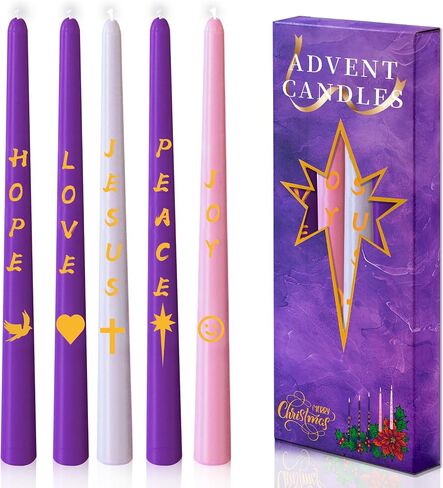 مجموعة شموع Advent مكونة من 5 قطع، شمعة مستدقة غير معطرة لعيد الميلاد المجيد مع حروف ونمط، 10 بوصة × 7/8 بوصة شمعة ميلاد إكليل عيد الميلاد بدون قطرات للعطلات والكنيسة والتعبد والاحتفال والحفلات in Saudi Arabia