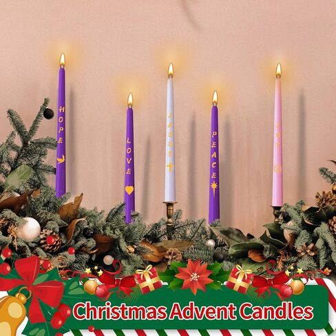 مجموعة شموع Advent مكونة من 5 قطع، شمعة مستدقة غير معطرة لعيد الميلاد المجيد مع حروف ونمط، 10 بوصة × 7/8 بوصة شمعة ميلاد إكليل عيد الميلاد بدون قطرات للعطلات والكنيسة والتعبد والاحتفال والحفلات in Saudi Arabia