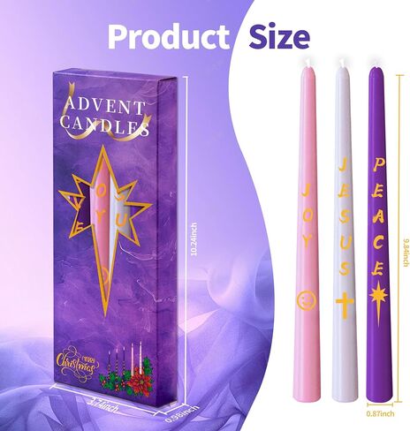 مجموعة شموع Advent مكونة من 5 قطع، شمعة مستدقة غير معطرة لعيد الميلاد المجيد مع حروف ونمط، 10 بوصة × 7/8 بوصة شمعة ميلاد إكليل عيد الميلاد بدون قطرات للعطلات والكنيسة والتعبد والاحتفال والحفلات in Saudi Arabia