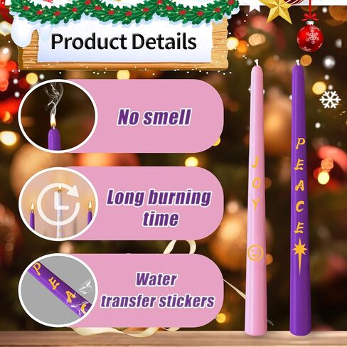 مجموعة شموع Advent مكونة من 5 قطع، شمعة مستدقة غير معطرة لعيد الميلاد المجيد مع حروف ونمط، 10 بوصة × 7/8 بوصة شمعة ميلاد إكليل عيد الميلاد بدون قطرات للعطلات والكنيسة والتعبد والاحتفال والحفلات in Saudi Arabia
