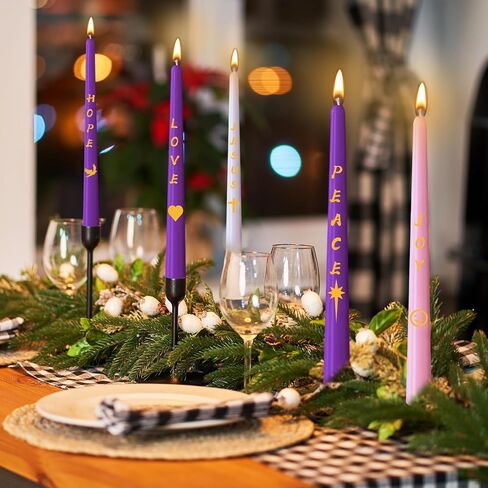 مجموعة شموع Advent مكونة من 5 قطع، شمعة مستدقة غير معطرة لعيد الميلاد المجيد مع حروف ونمط، 10 بوصة × 7/8 بوصة شمعة ميلاد إكليل عيد الميلاد بدون قطرات للعطلات والكنيسة والتعبد والاحتفال والحفلات in Saudi Arabia