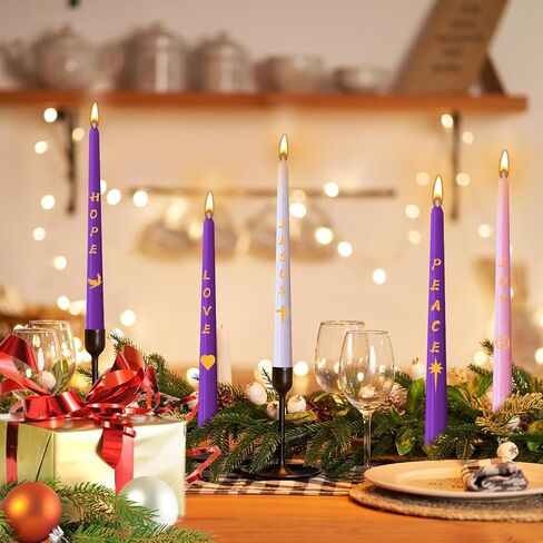 مجموعة شموع Advent مكونة من 5 قطع، شمعة مستدقة غير معطرة لعيد الميلاد المجيد مع حروف ونمط، 10 بوصة × 7/8 بوصة شمعة ميلاد إكليل عيد الميلاد بدون قطرات للعطلات والكنيسة والتعبد والاحتفال والحفلات in Saudi Arabia