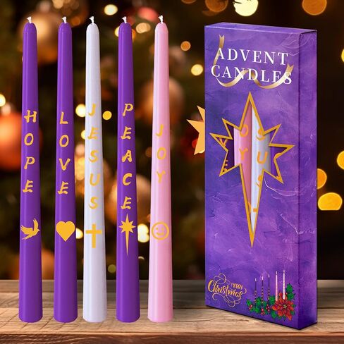 مجموعة شموع Advent مكونة من 5 قطع، شمعة مستدقة غير معطرة لعيد الميلاد المجيد مع حروف ونمط، 10 بوصة × 7/8 بوصة شمعة ميلاد إكليل عيد الميلاد بدون قطرات للعطلات والكنيسة والتعبد والاحتفال والحفلات in Saudi Arabia