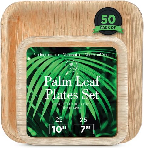 Palm Leaf Plates - Compostable 25 x7" & 25 x10" Square Plates - Pack of 50 - Eco Friendly Plate is 100% Natural, Sturdy & Microwave Safe - Disposable & Biodegradable Wood Alternative to Bamboo Plates in Saudi Arabia