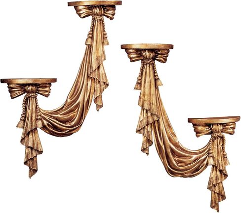 Design Toscano Louis Draped Swags Sculptural Wall Display Shelf Home Accents, Set of Two, 25 inches tall, Cast Stone Resin, Antique Gold Finish in Saudi Arabia
